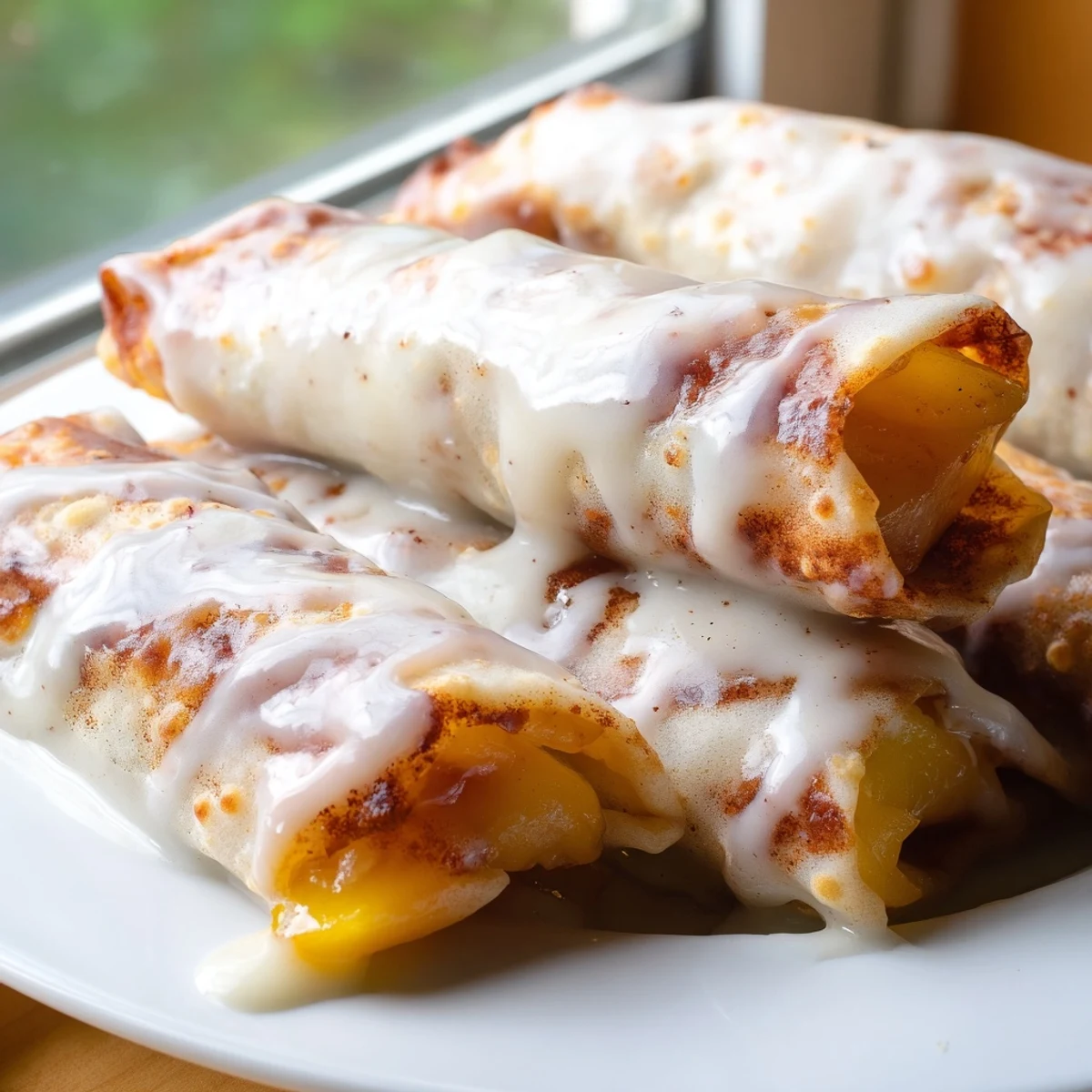 Golden Peach Cobbler Egg Rolls drizzled with vanilla glaze, served alongside a scoop of melting vanilla ice cream.