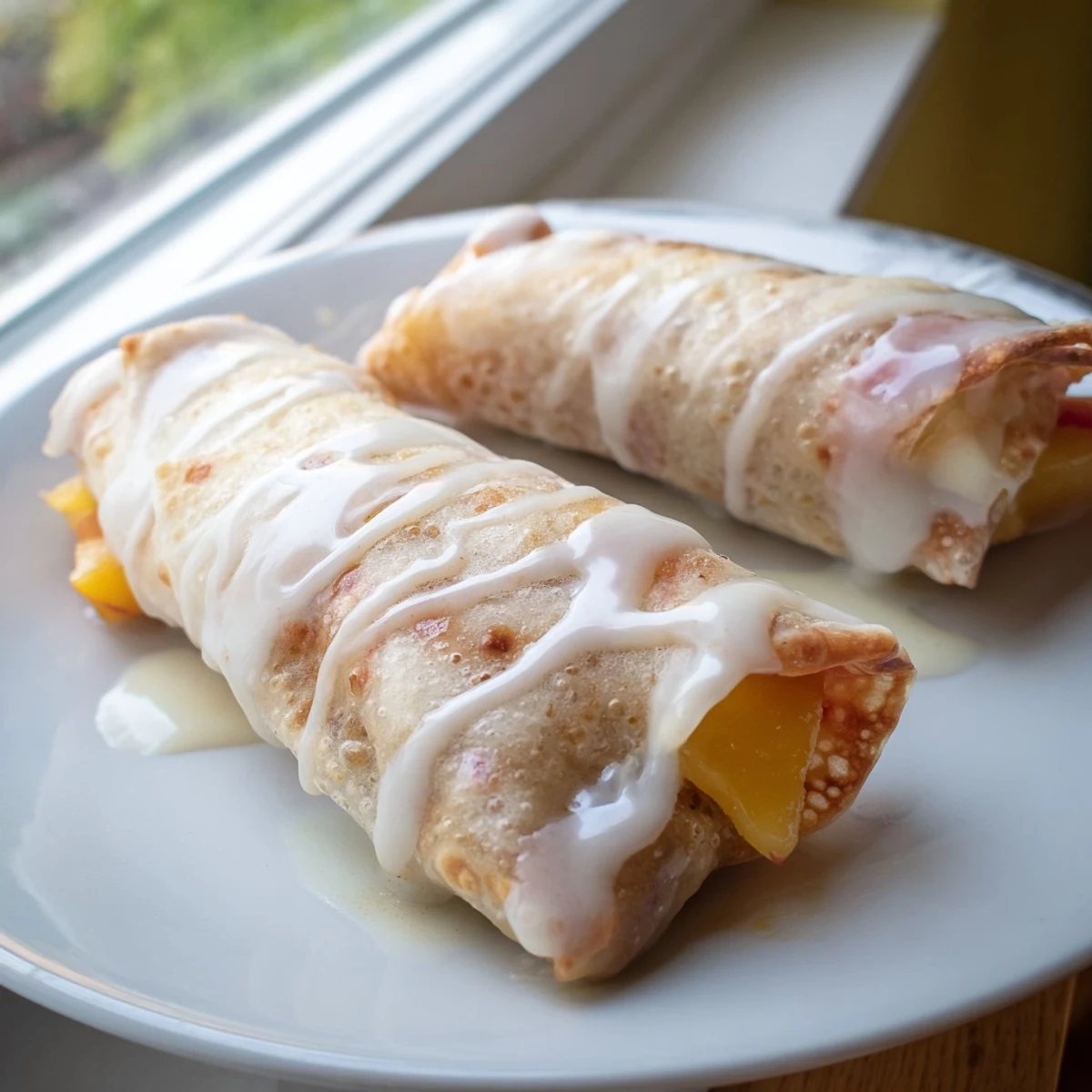 Freshly fried Peach Cobbler Egg rolls with cinnamon-spiced peach filling, steaming on a rustic plate for dessert.