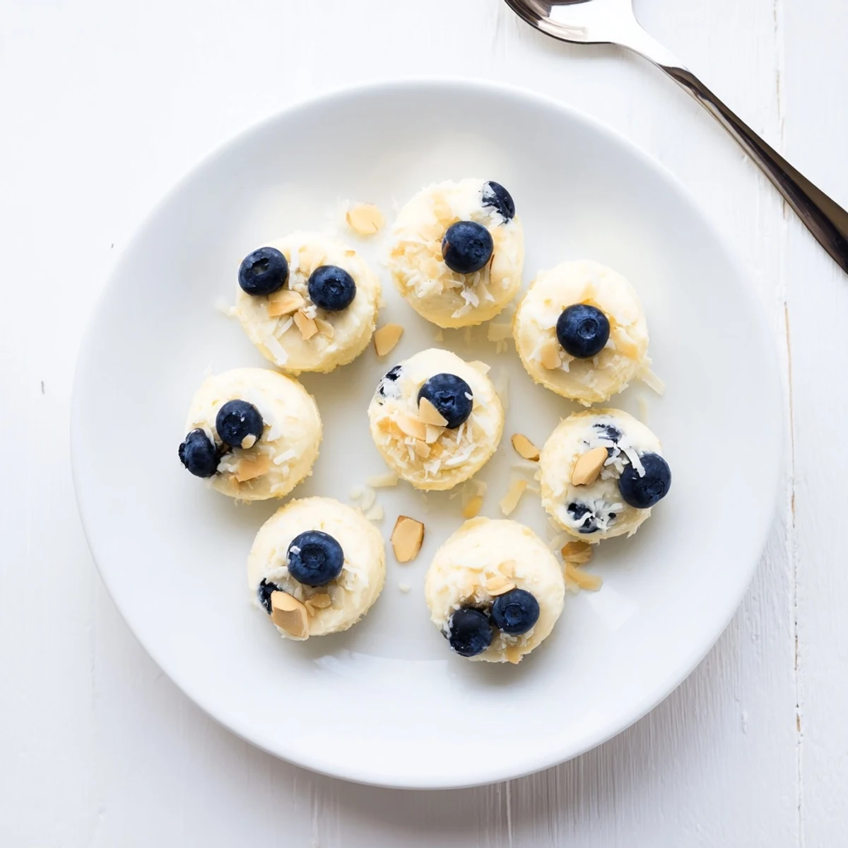 Frozen Blueberry Greek Yogurt Bites topped with shredded coconut on parchment paper.