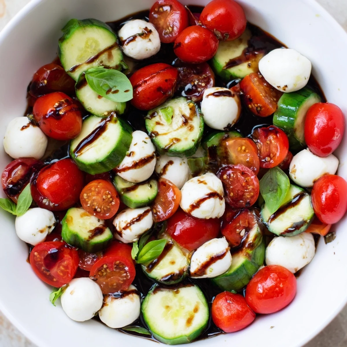 Juicy Cucumber Caprese Salad features crisp cucumber slices, juicy cherry tomatoes, and creamy mozzarella with fresh basil and balsamic glaze.  