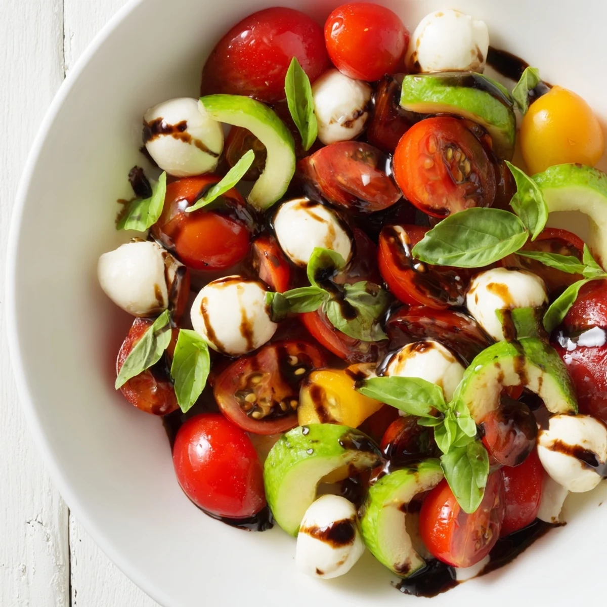 A close-up of Juicy Cucumber Caprese Salad shows glistening mozzarella balls, halved tomatoes, and torn basil on a chilled platter.  