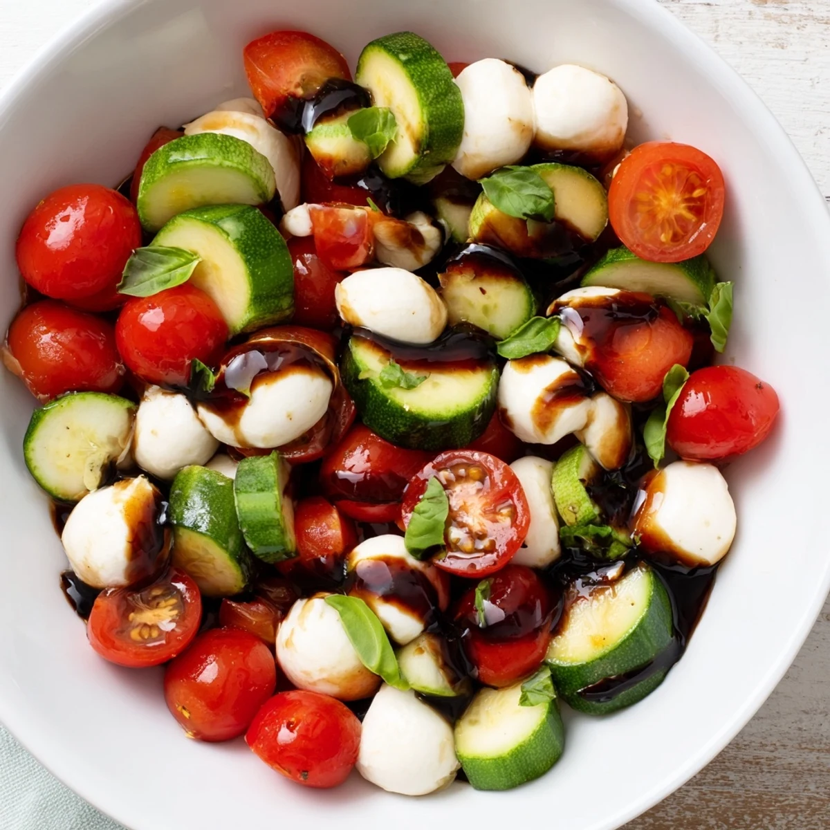 Serve Juicy Cucumber Caprese Salad in a white bowl, drizzled with balsamic dressing for a refreshing vegetarian side dish.
