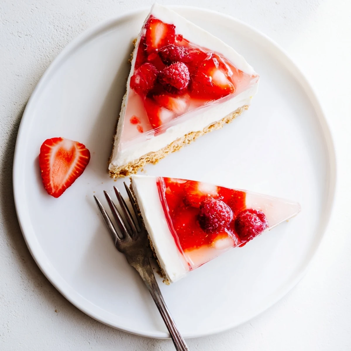 Creamy no bake Greek yogurt jello cheesecake with graham cracker crust topped by a shiny, vibrant fruit layer and fresh berries.