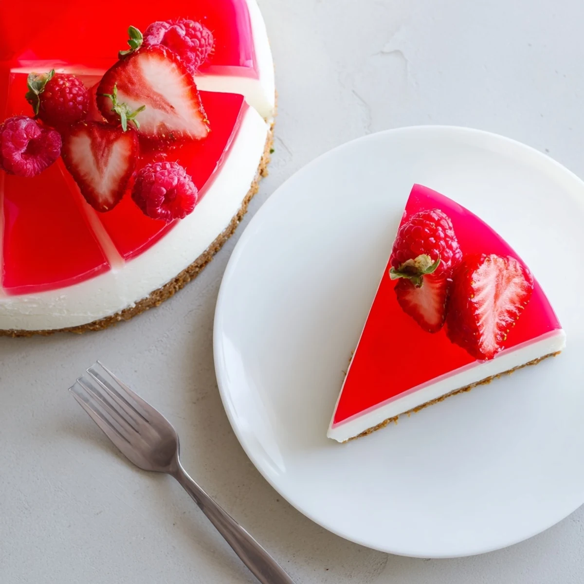 Chilled no bake Greek yogurt jello cheesecake slices sit on a white plate, garnished with berries, graham cracker crumbs.