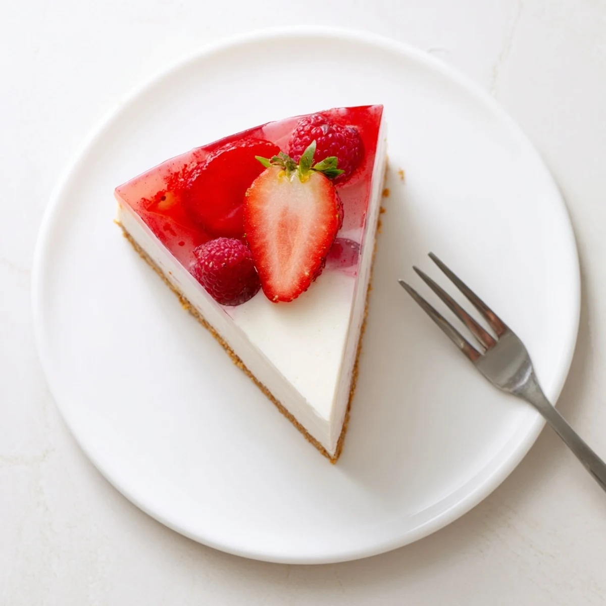A glossy, layered no bake Greek yogurt jello cheesecake with a smooth texture and fresh fruit garnish on a marble board.