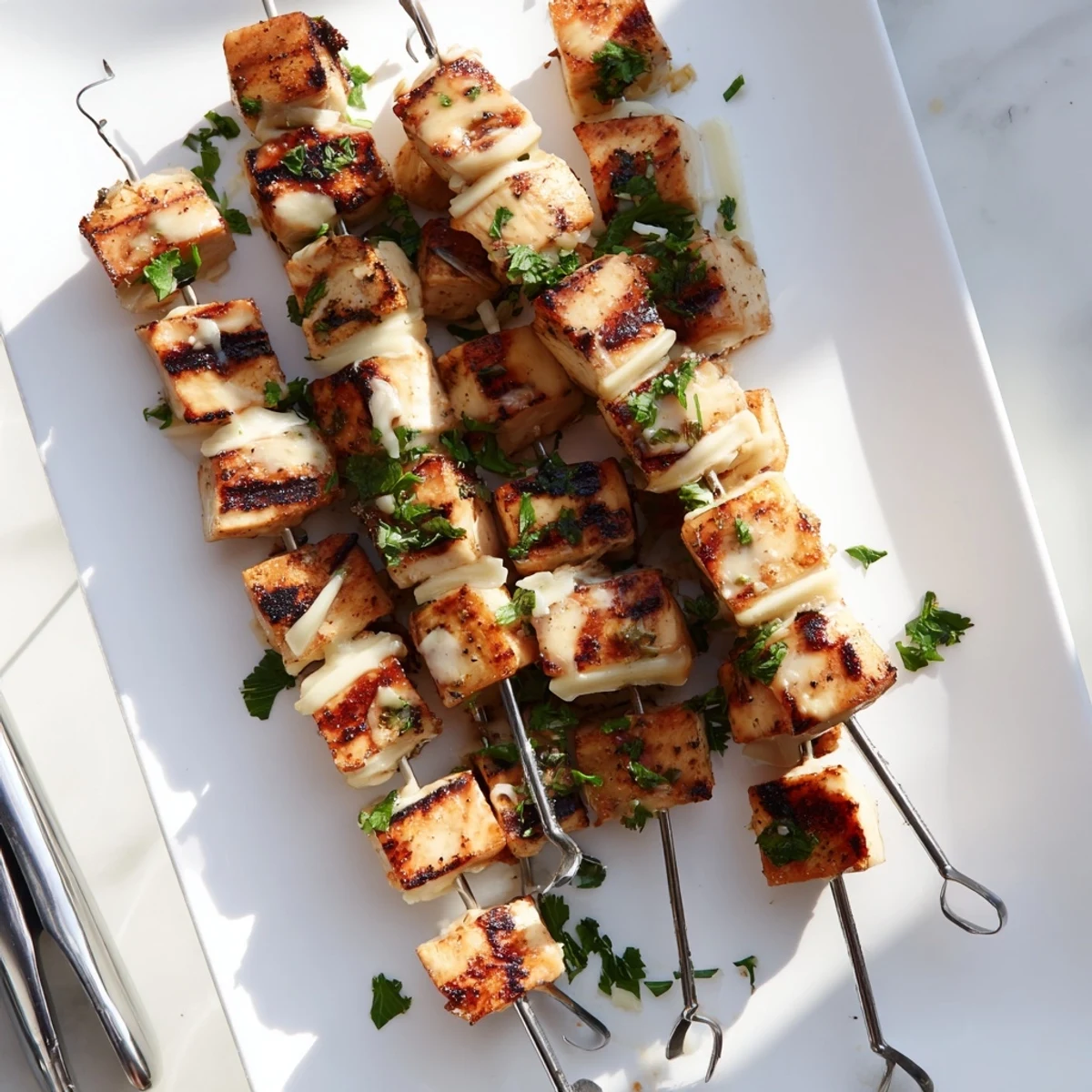 Tender Ranch Garlic Parmesan Chicken Skewers fresh off the grill with melted cheese and herbs