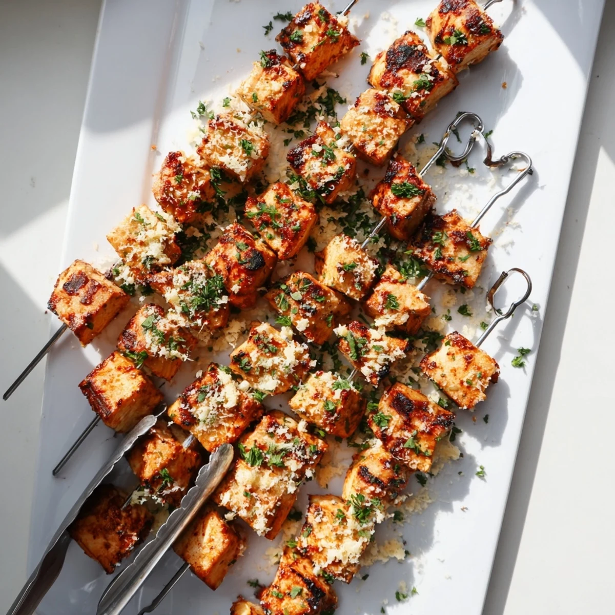 Juicy Ranch Garlic Parmesan Chicken Skewers served hot with grilled marks and fresh parsley garnish