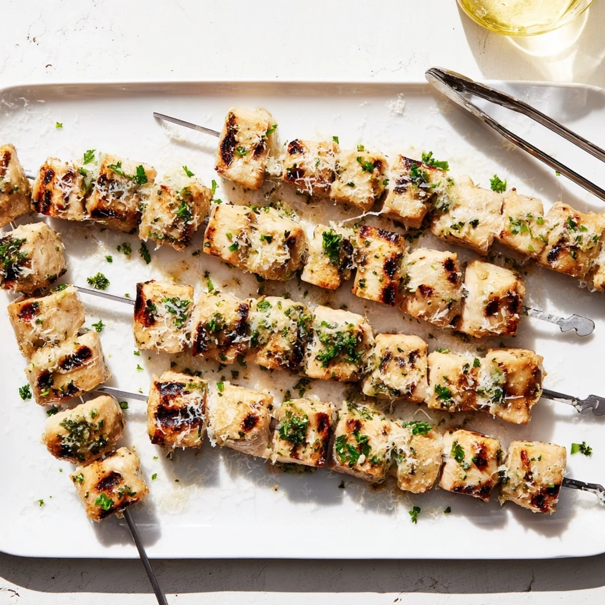 Grilled Ranch Garlic Parmesan Chicken Skewers displayed on a platter, perfect for a summer barbecue dinner