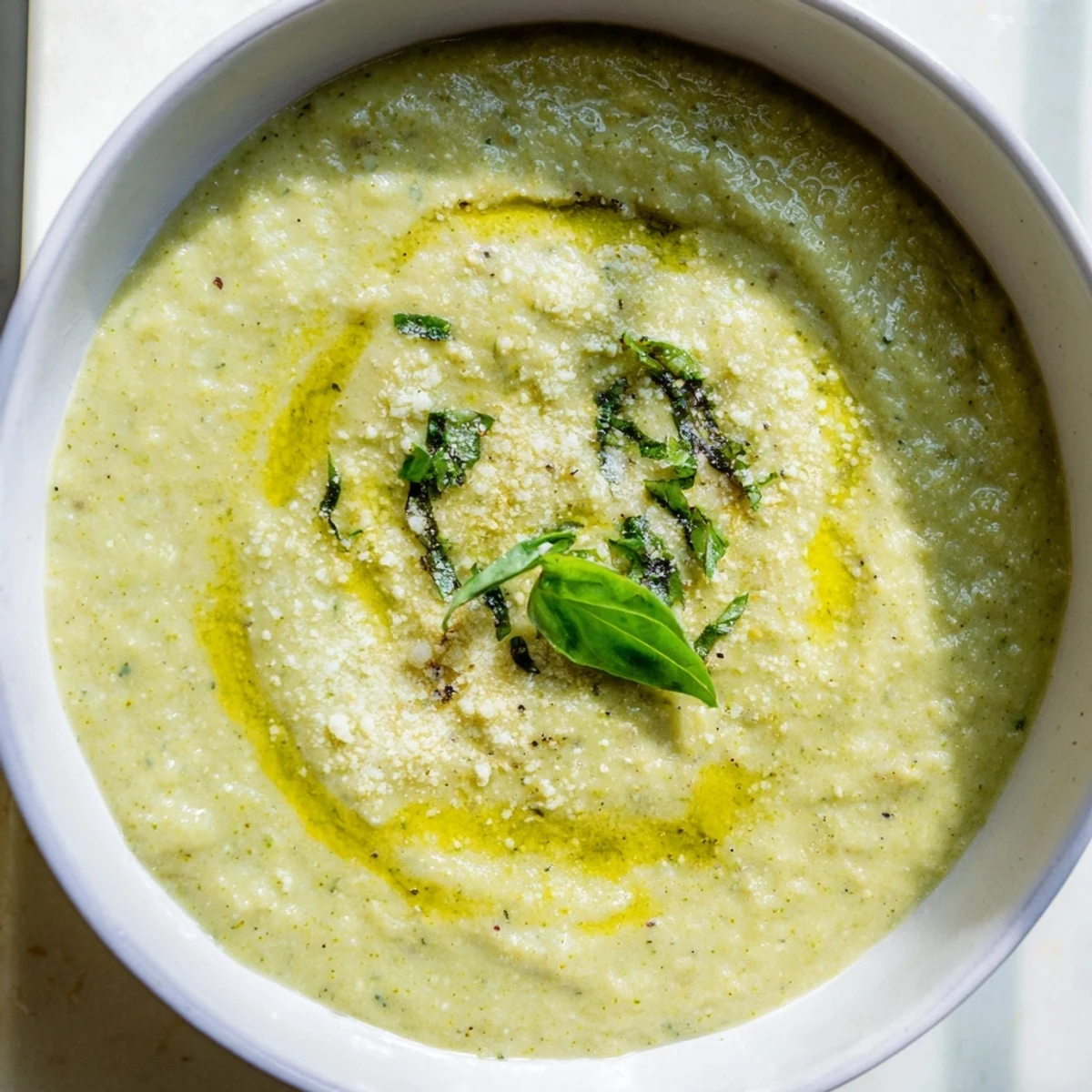 Creamy homemade Italian broccoli soup garnished with grated Parmesan and fresh herbs in a white bowl