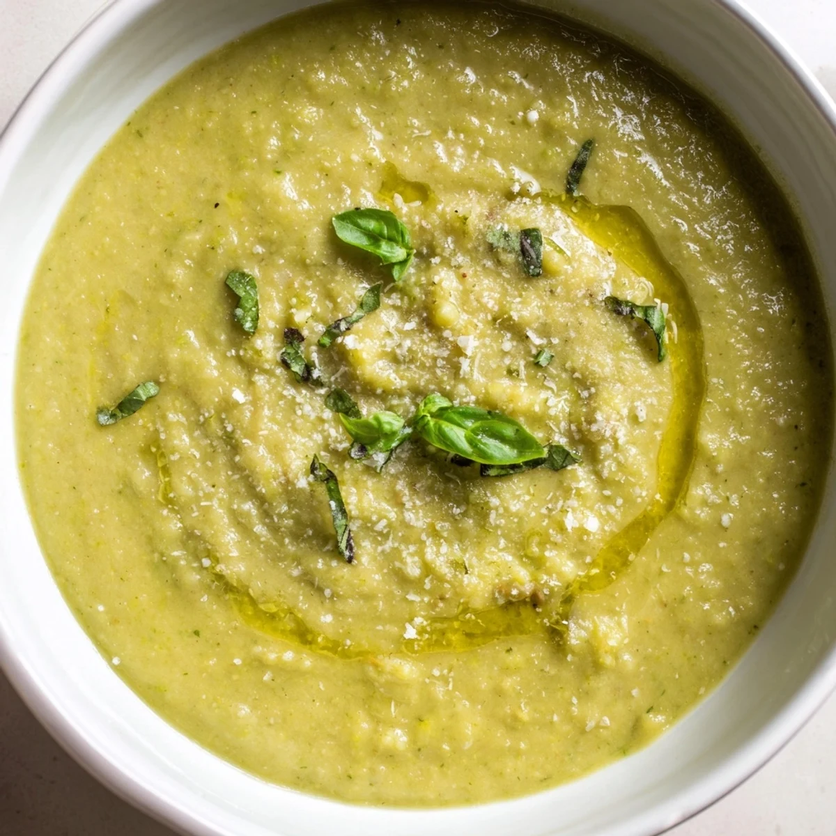 Steaming bowl of homemade Italian broccoli soup with crusty bread and olive oil drizzle on wooden table