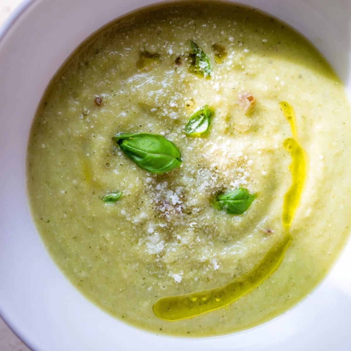 Velvety homemade Italian broccoli soup with vibrant green color served with Parmesan shavings and basil