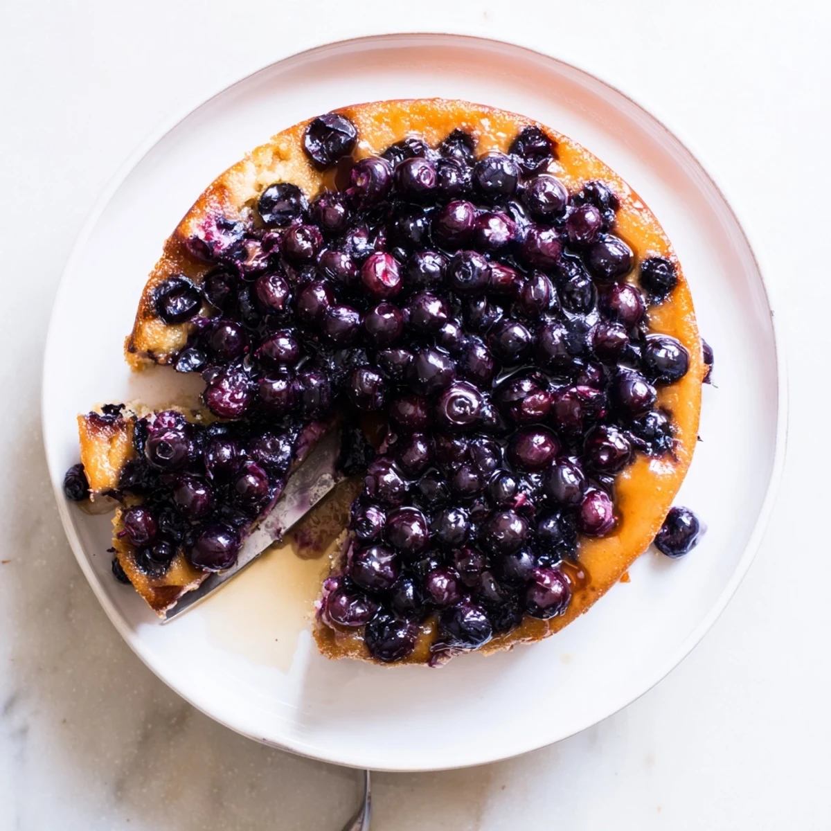 Golden blueberry upside down cake with caramelized fruit topping on a white plate