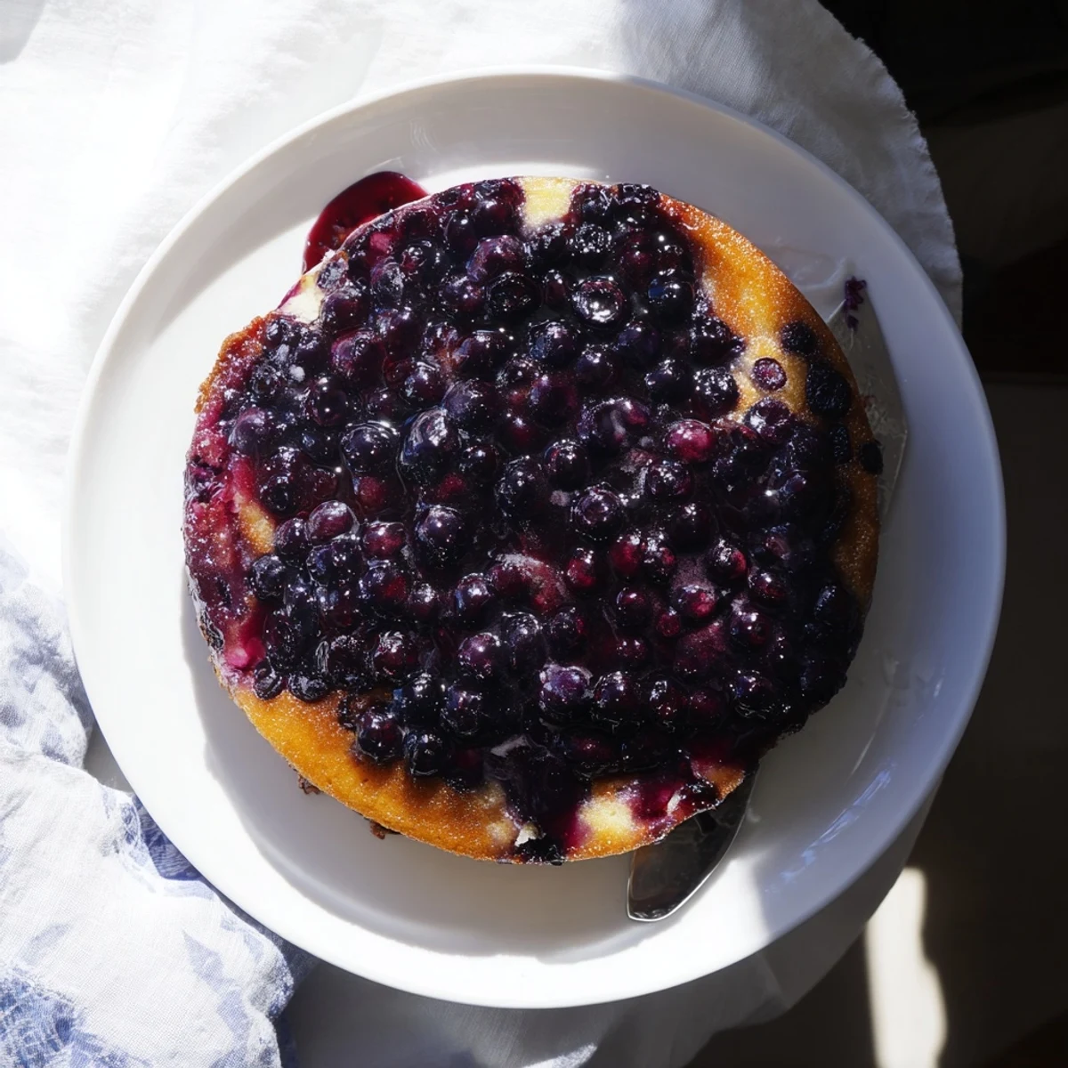 Fresh blueberry upside down cake served with vanilla ice cream and whipped cream topping