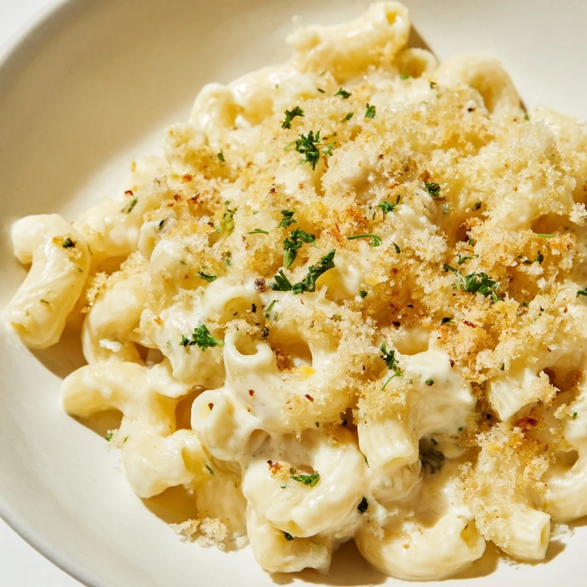 Golden baked Boursin mac and cheese topped with buttery panko breadcrumbs and grated Parmesan