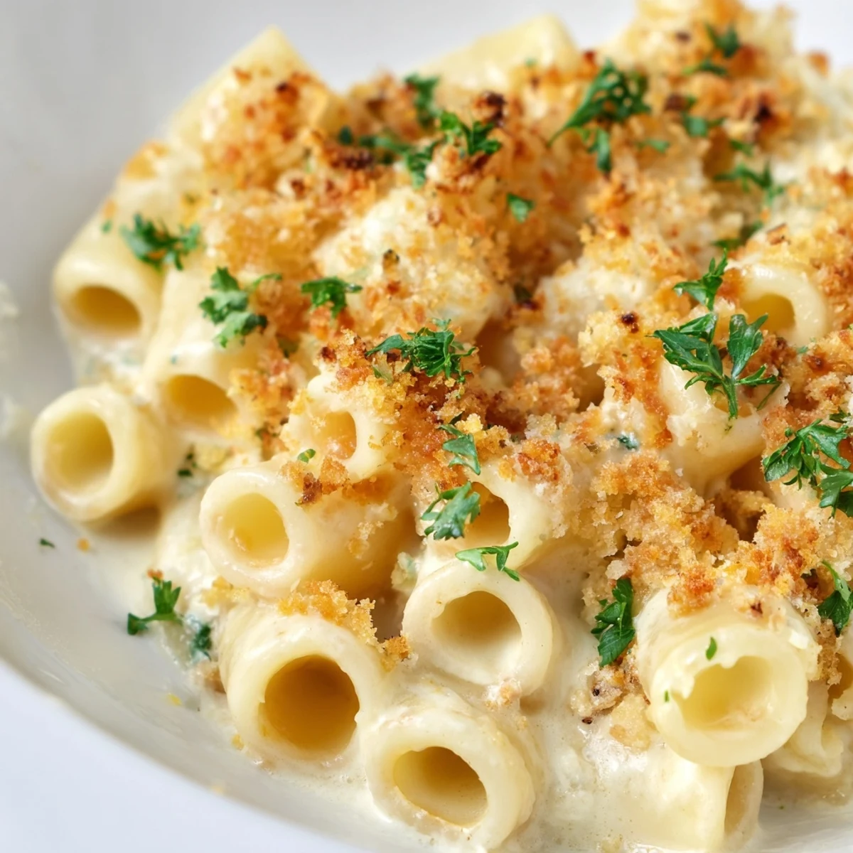 Rich and tangy Boursin mac and cheese bubbling in a white serving bowl for dinner