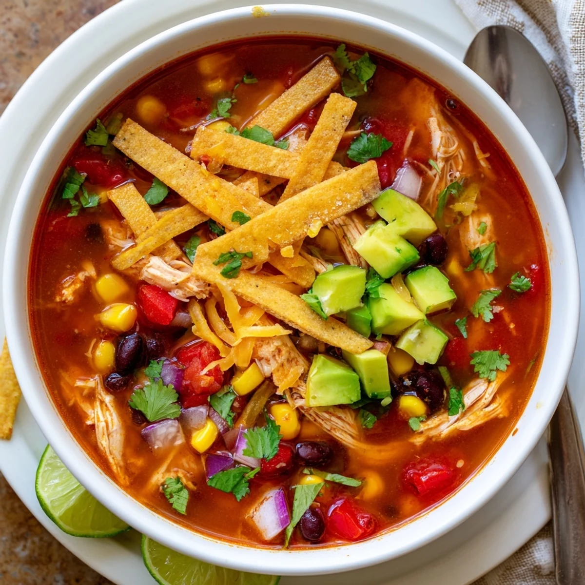 Steaming chicken tortilla soup brimming with tender chicken, black beans, corn, and vibrant red bell pepper
