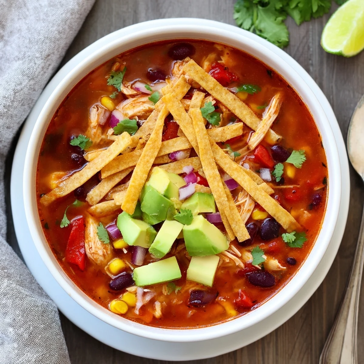 Hearty chicken tortilla soup bowl topped with golden crispy tortilla strips and fresh cilantro garnish