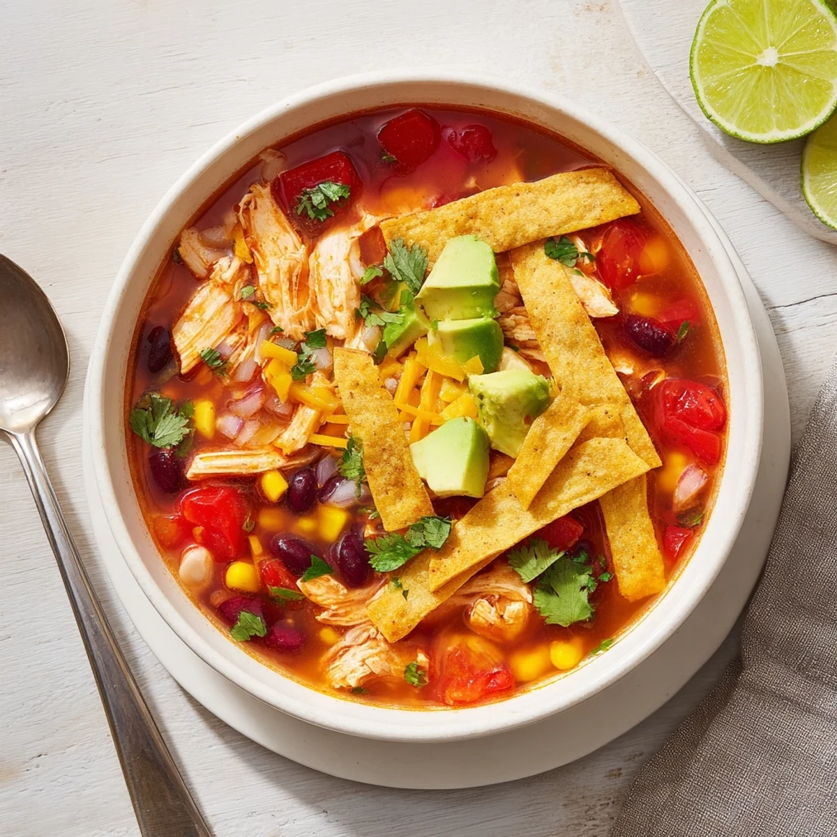 Rustic chicken tortilla soup featuring shredded chicken and colorful vegetables garnished with avocado and lime wedges
