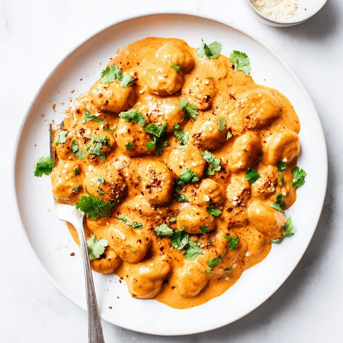 Creamy Tikka Masala Gnocchi featuring tender potato dumplings coated in aromatic spiced orange-red sauce