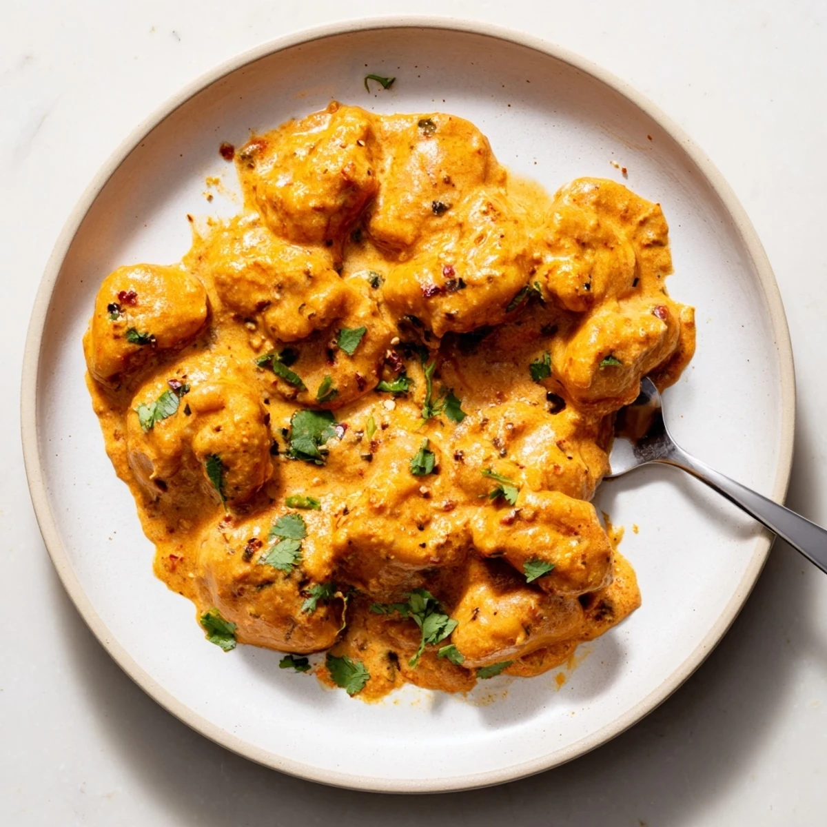 Golden potato gnocchi swimming in rich Indian tikka masala sauce topped with fresh green cilantro