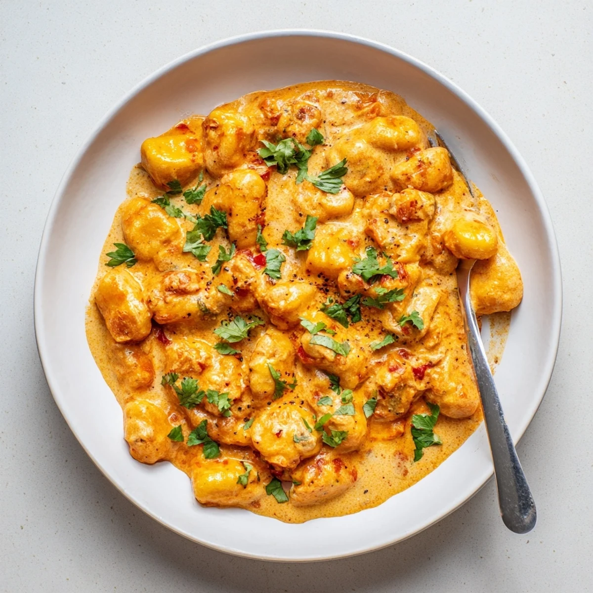 Fusion Tikka Masala Gnocchi dish showcasing pillowy pasta triangles smothered in velvety tomato cream curry sauce