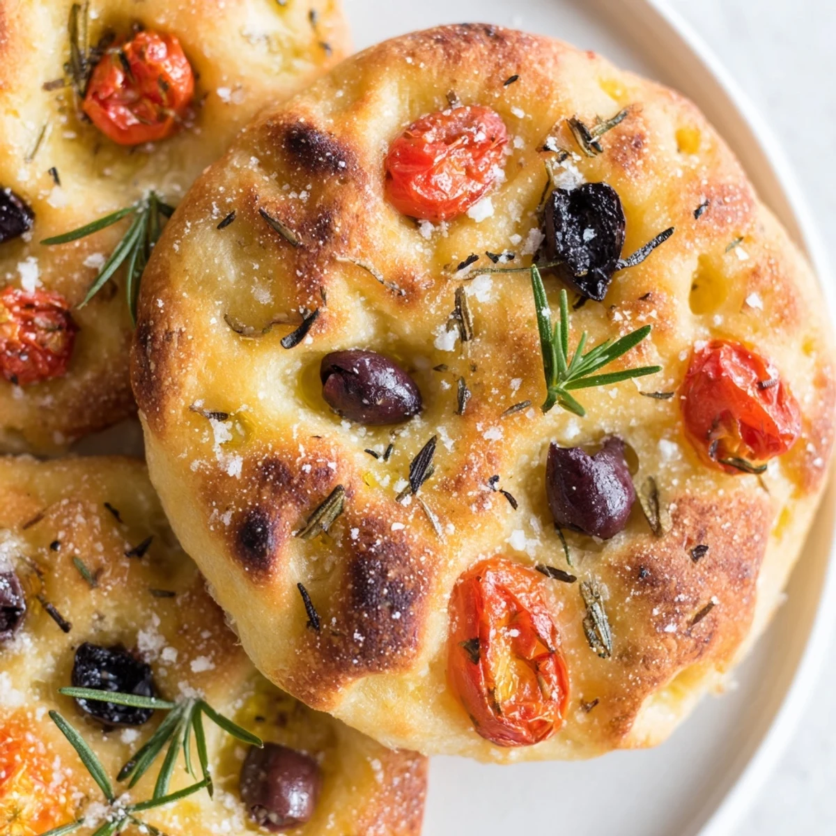 Golden mini focaccia bread topped with fresh rosemary and flaky sea salt on a wooden board