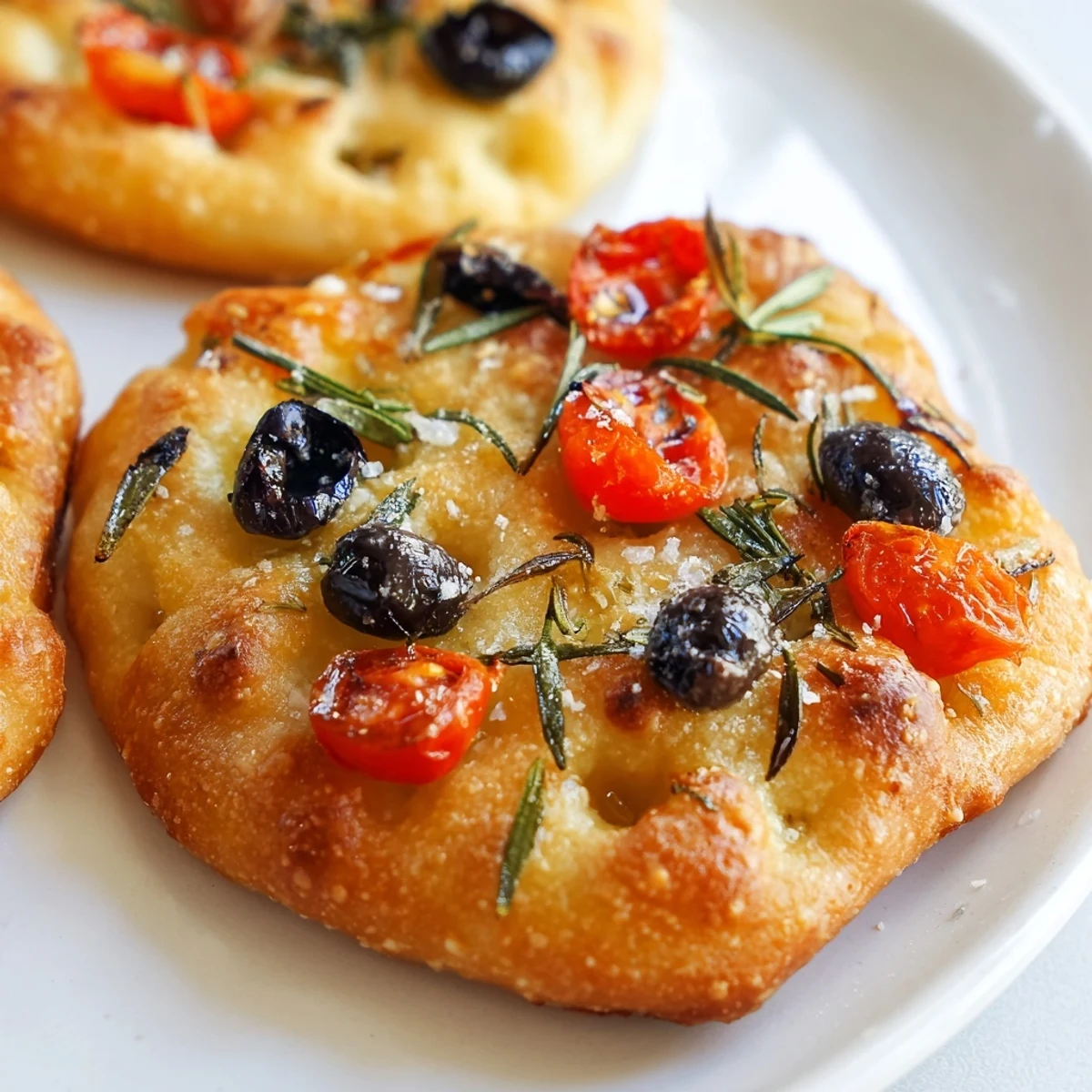 Crispy individual Italian focaccia with cherry tomatoes and olives, brushed with olive oil