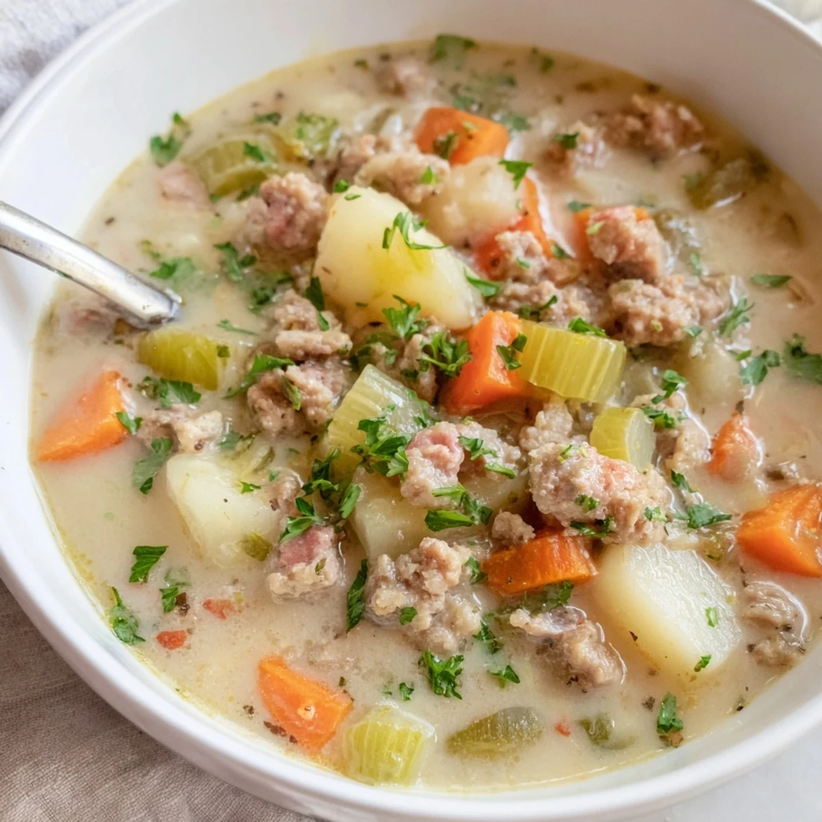 Creamy pork sausage potato soup bowl topped with fresh parsley and grated cheddar cheese