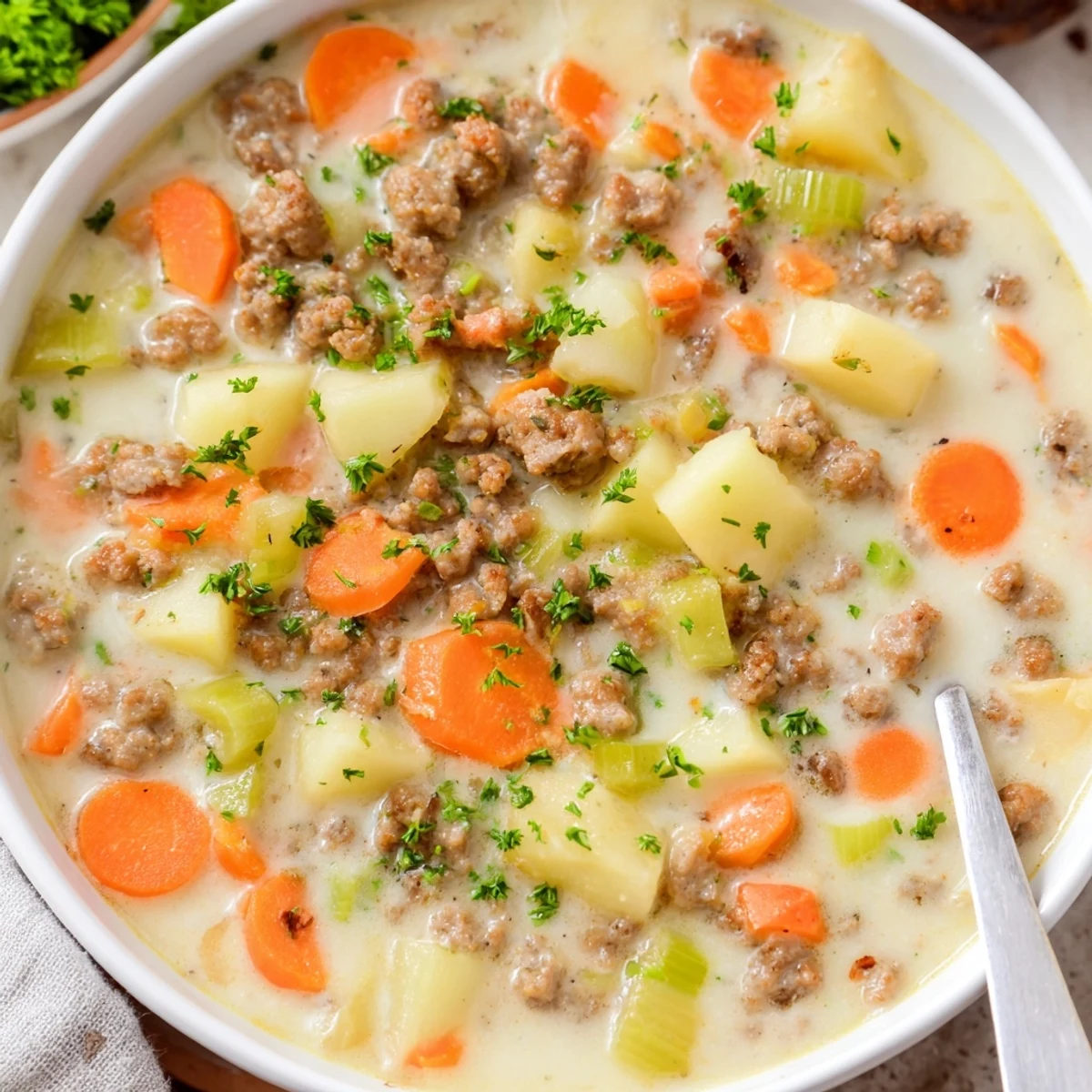 Hearty simple pork sausage potato soup steaming in a white bowl with crusty bread