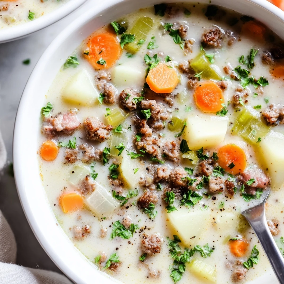 Savory pork sausage and tender potato soup simmered with vegetables in a rustic serving dish