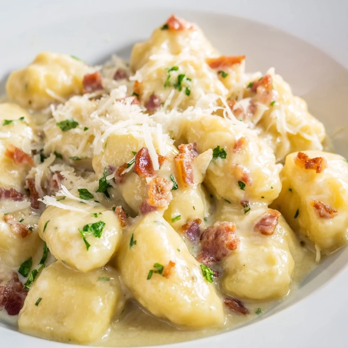 Golden gnocchi tossed in rich egg sauce with savory bacon bits and Parmesan shavings