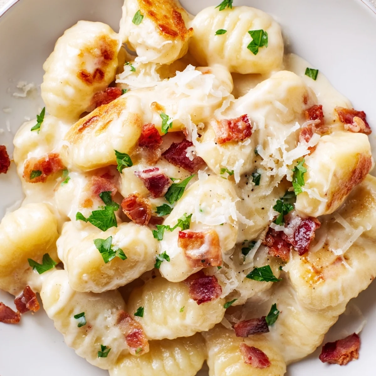 Creamy carbonara sauce coats pillowy gnocchi with crispy bacon and freshly grated Parmesan cheese