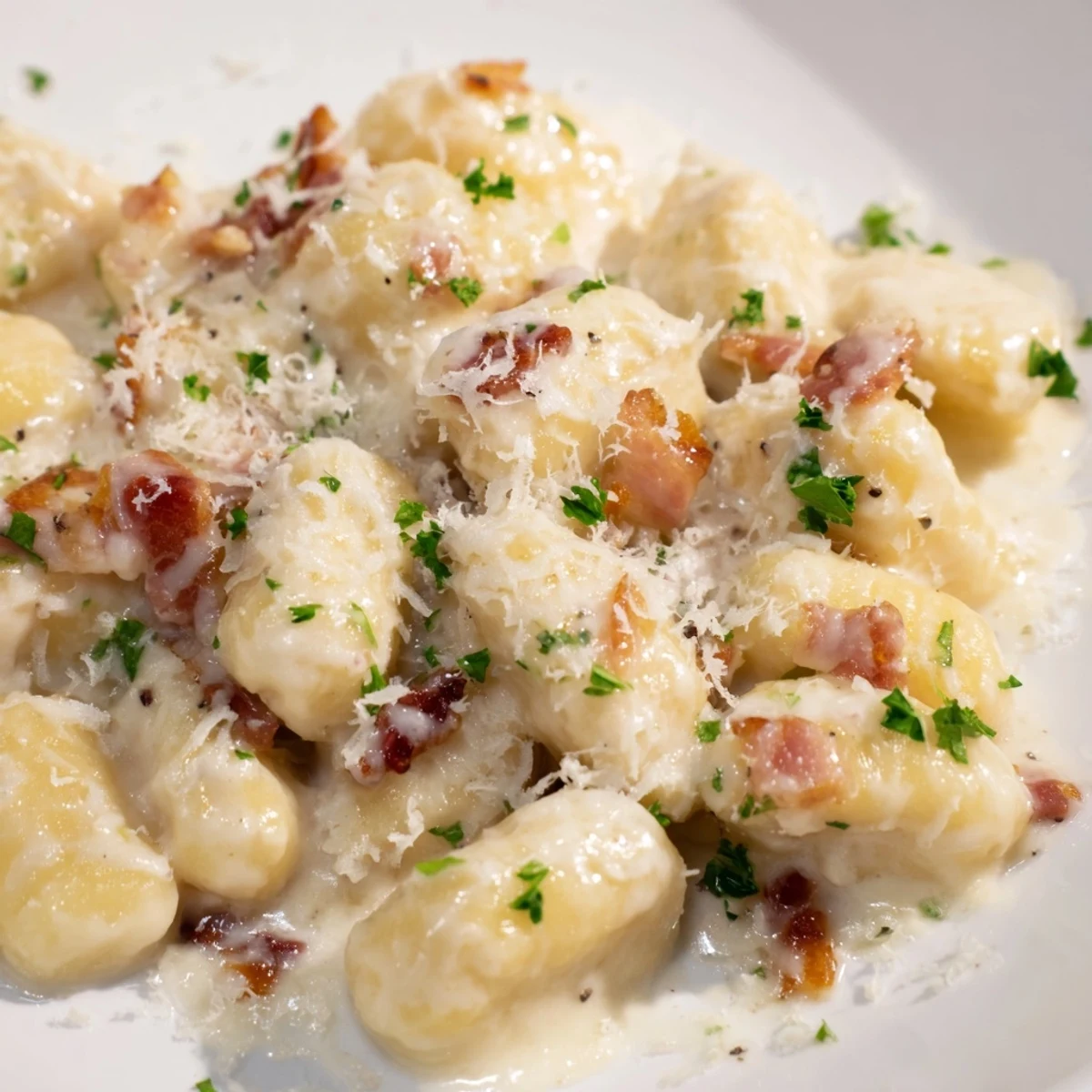 Plate of gnocchi carbonara featuring tender potato dumplings smothered in silky sauce with crispy bacon
