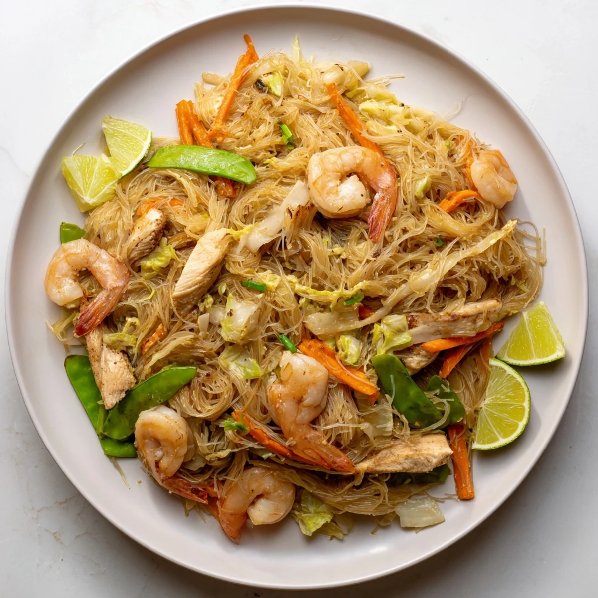Golden bowl of traditional Pancit Bihon topped with tender chicken, shrimp, and crisp colorful vegetables