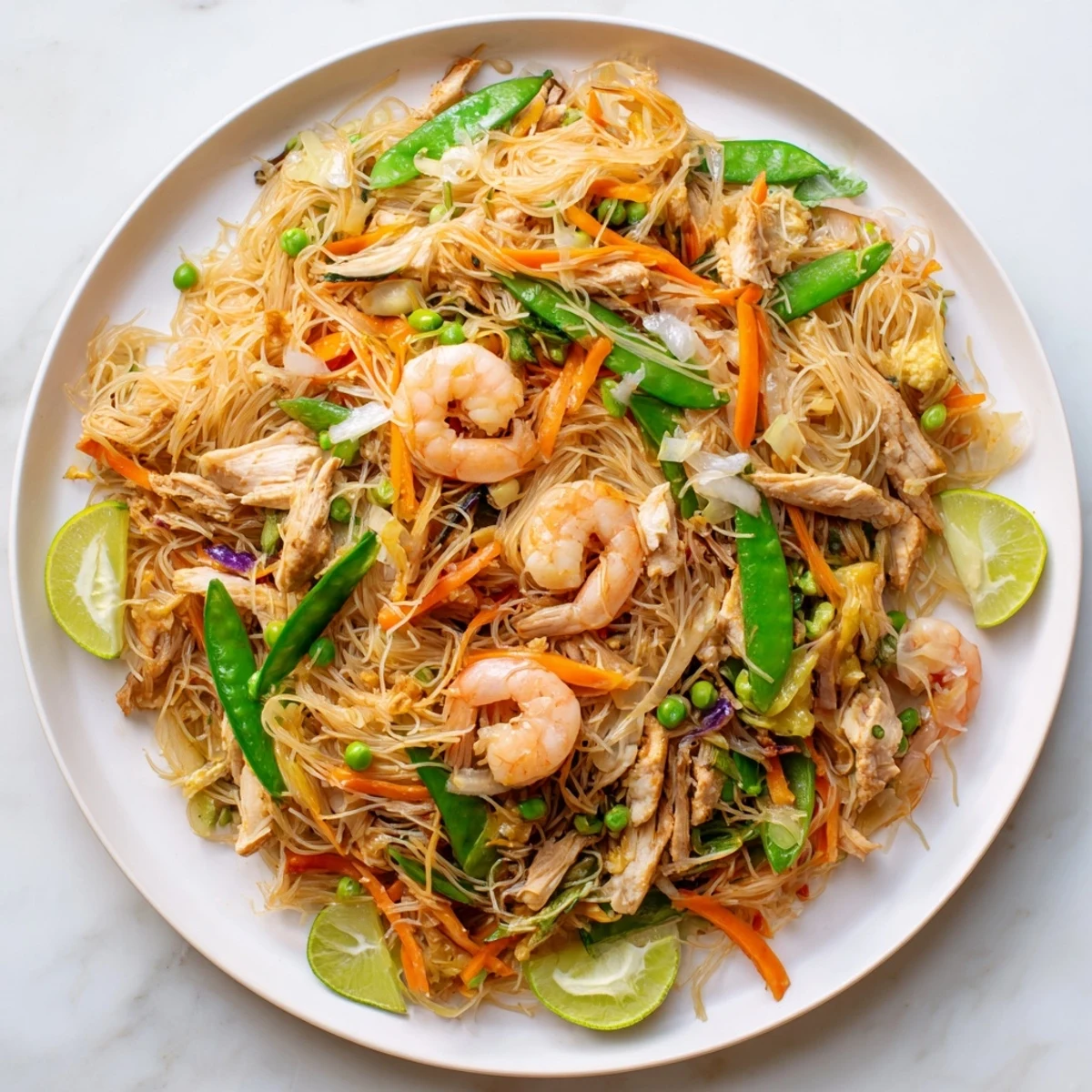 Steaming plate of savory Pancit Bihon noodles garnished with fresh scallions and lemon wedges