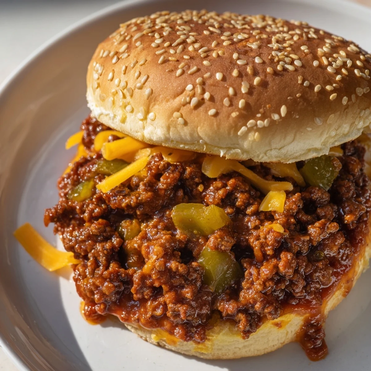 Savory homemade sloppy jores piled high on toasted hamburger buns with rich tomato beef sauce