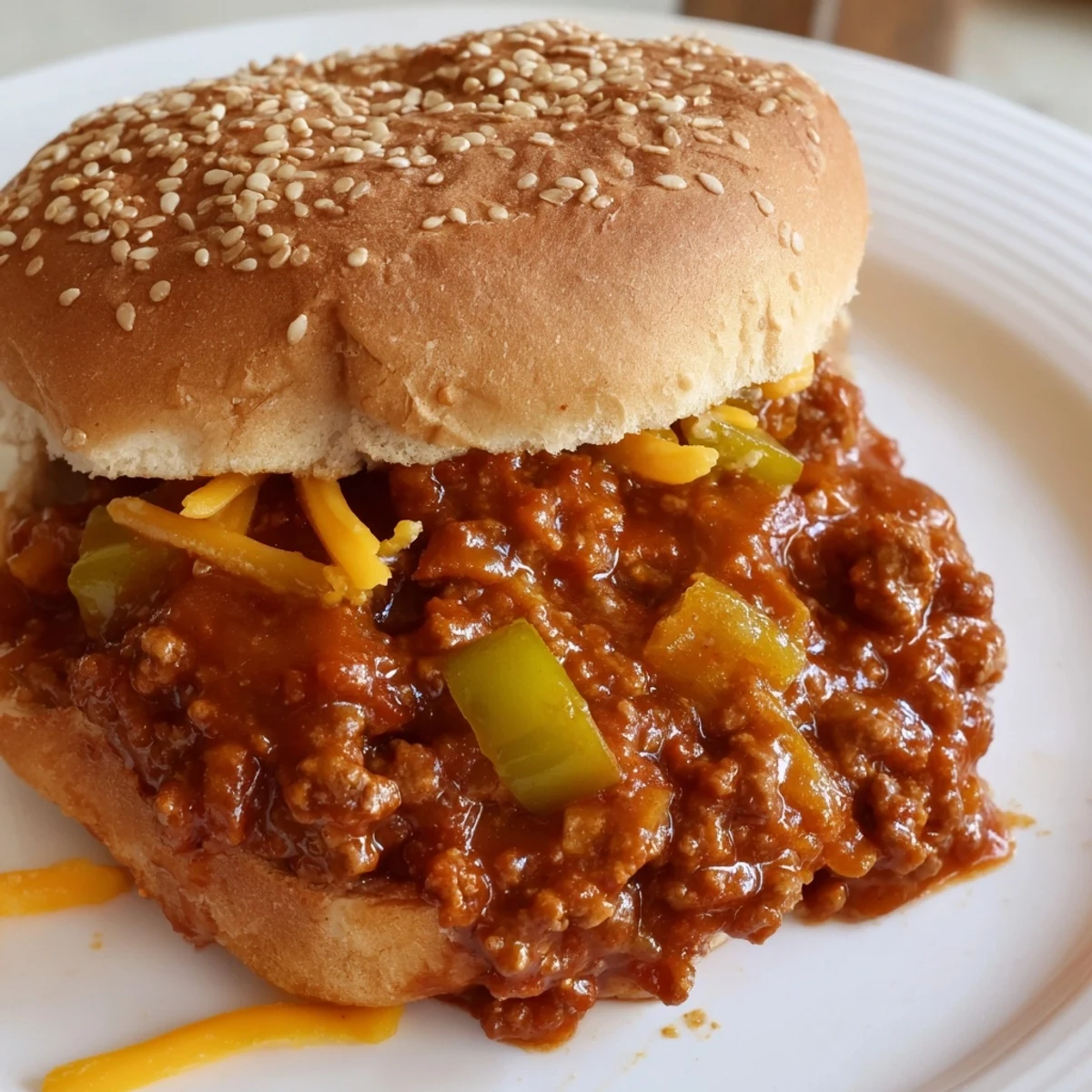 Classic American sloppy joes sandwich featuring ground beef in tangy sweet sauce overflowing onto soft buns