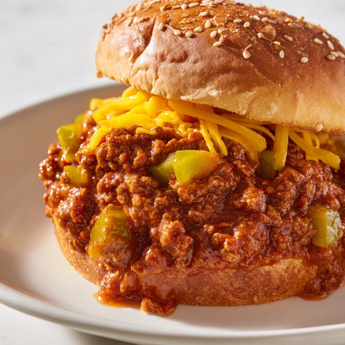 Hearty sloppy jores with seasoned ground beef mixture served on golden toasted hamburger buns for dinner