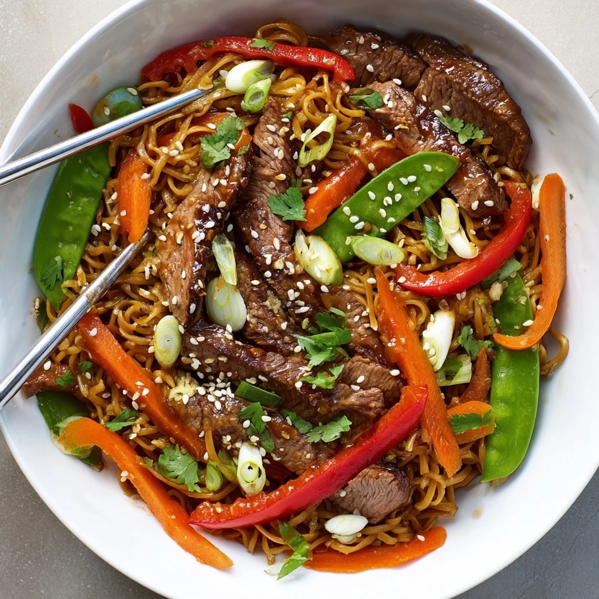 Glossy sticky beef noodles with tender beef strips, colorful vegetables, and chewy noodles coated in sweet-savory Asian sauce