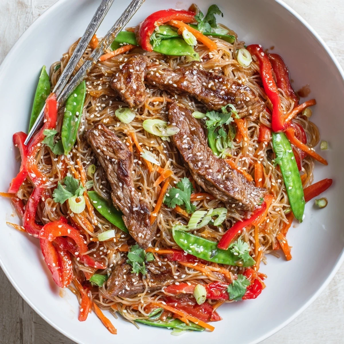 Bowl of sticky beef noodles featuring seared beef, crisp bell peppers, snap peas, and rice noodles tossed in hoisin glaze