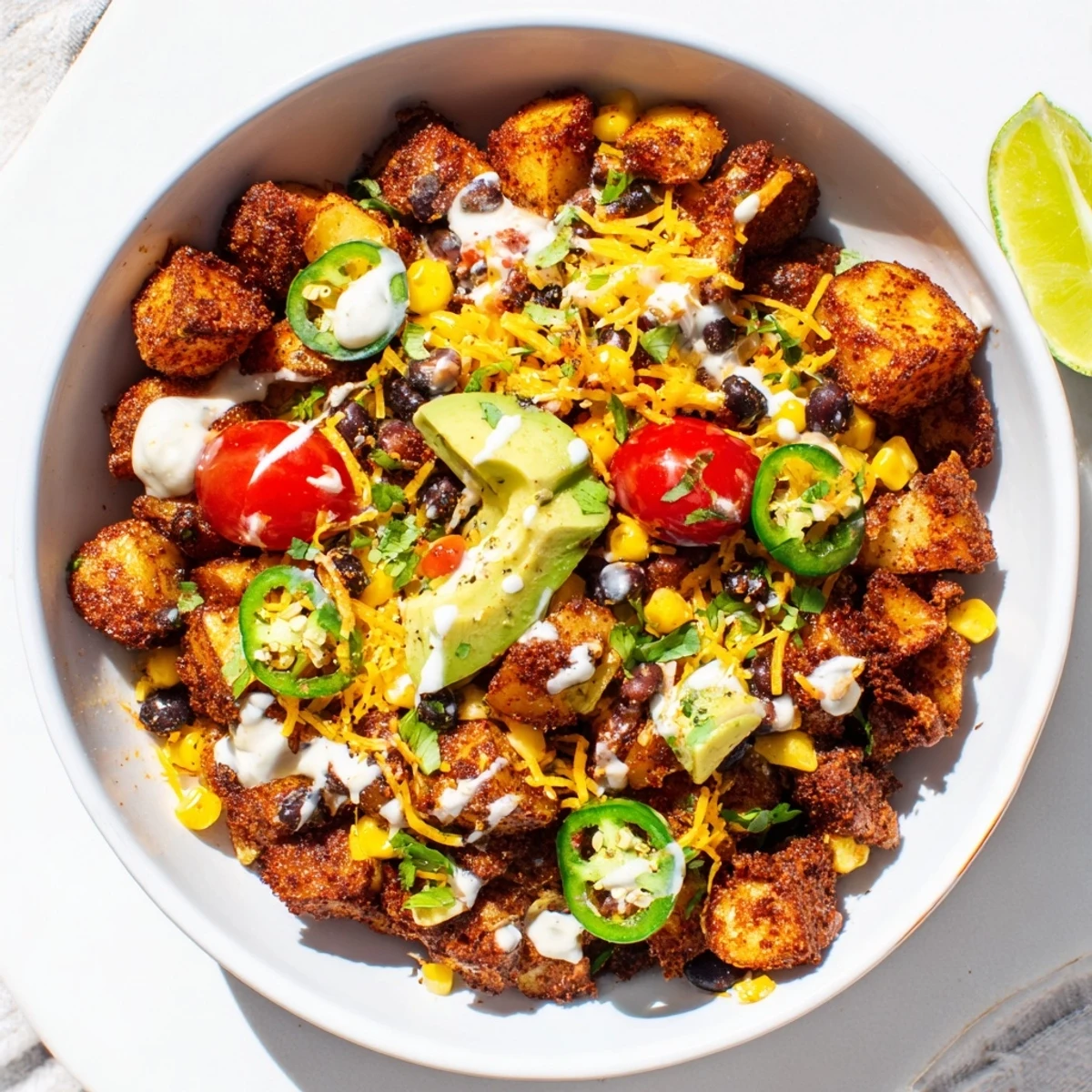 Golden roasted Loaded Fiesta Potato Bowls topped with melted cheese and colorful Tex-Mex toppings