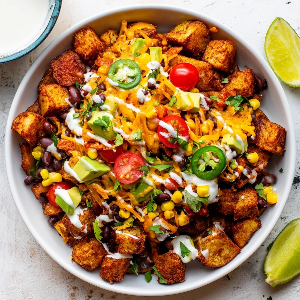 Crispy spiced potato bowls piled high with black beans avocado fresh tomatoes and sour cream