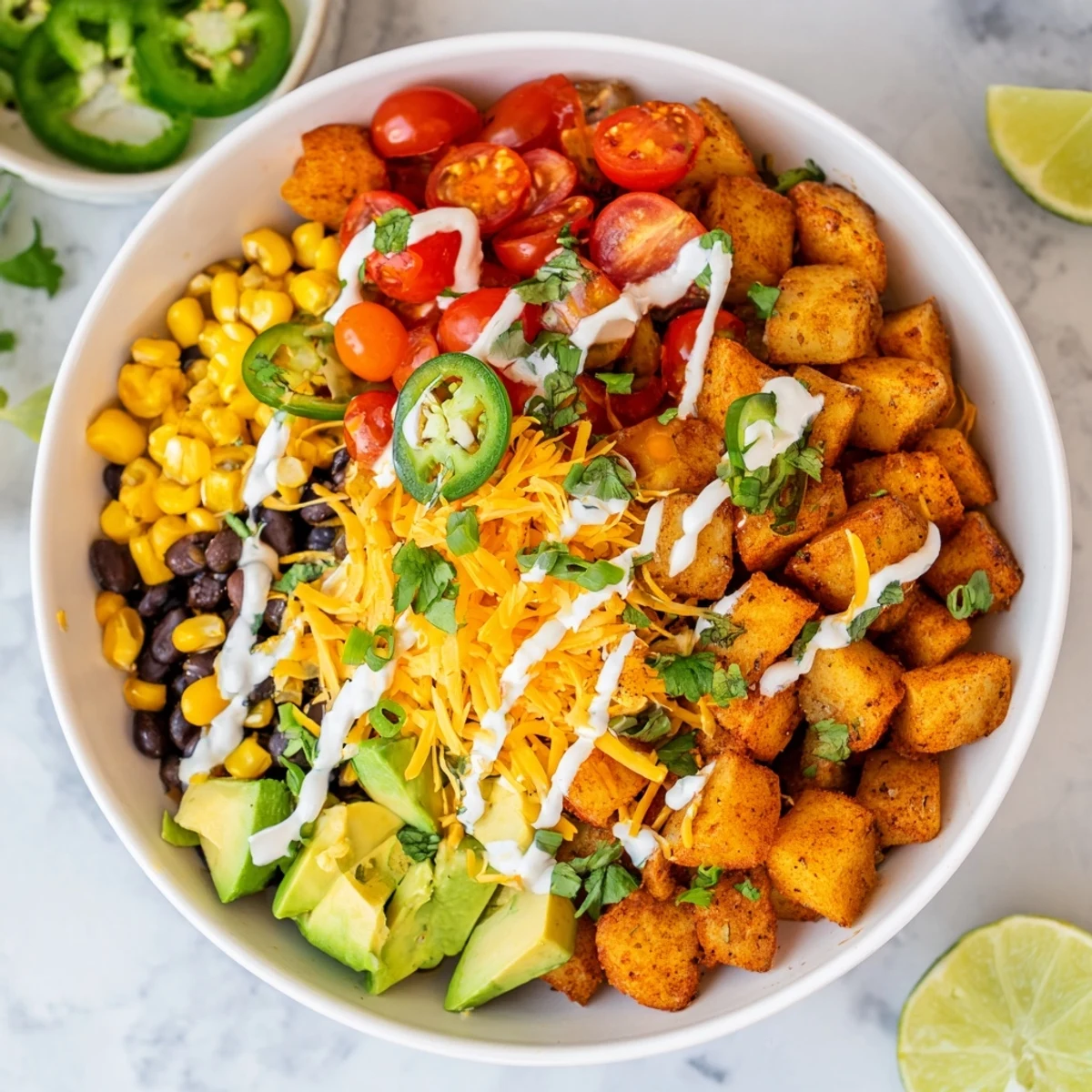 Hearty Loaded Fiesta Potato Bowls featuring cheesy roasted potatoes garnished with cilantro and jalapeños