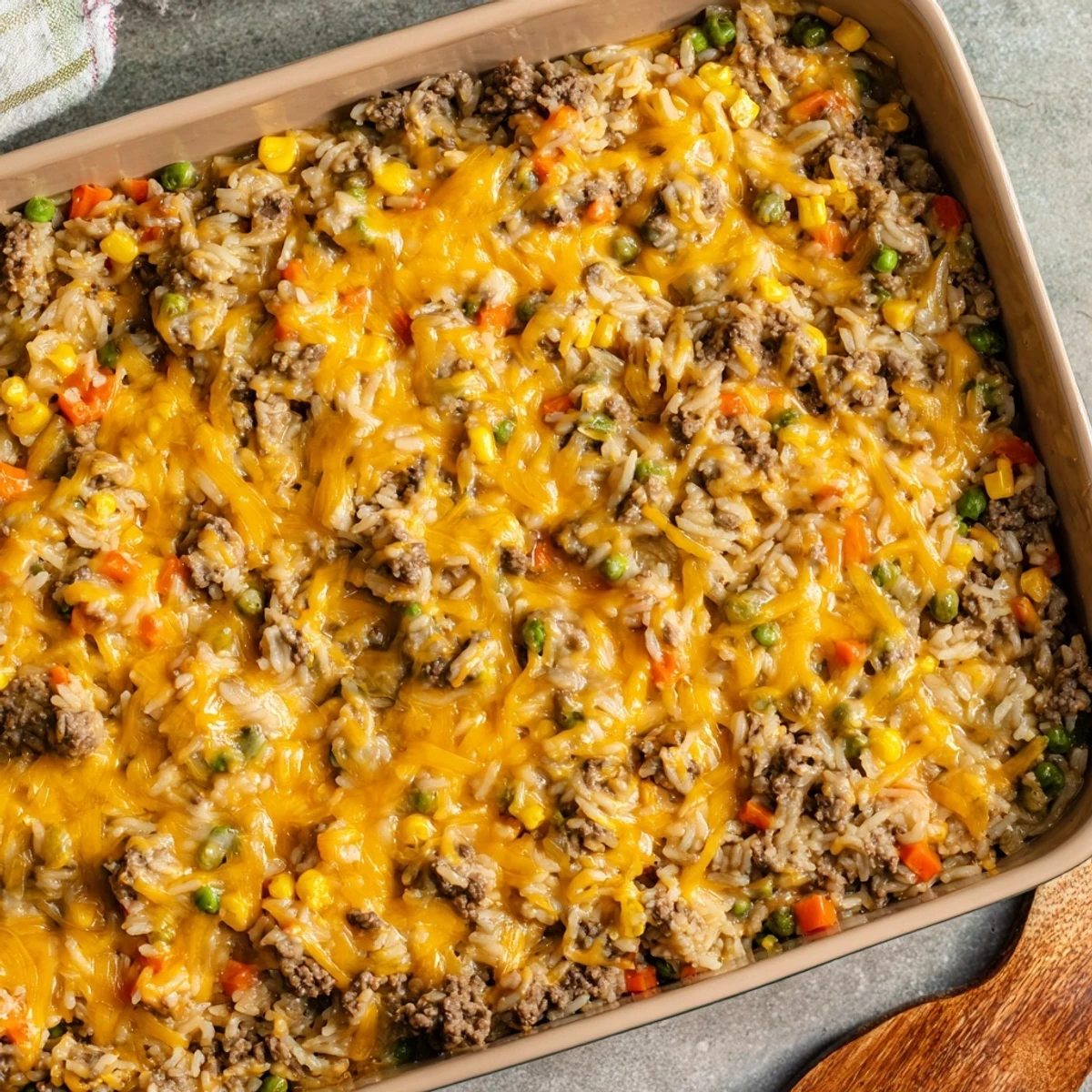 Golden bubbly cheesy ground beef and rice casserole fresh from the oven