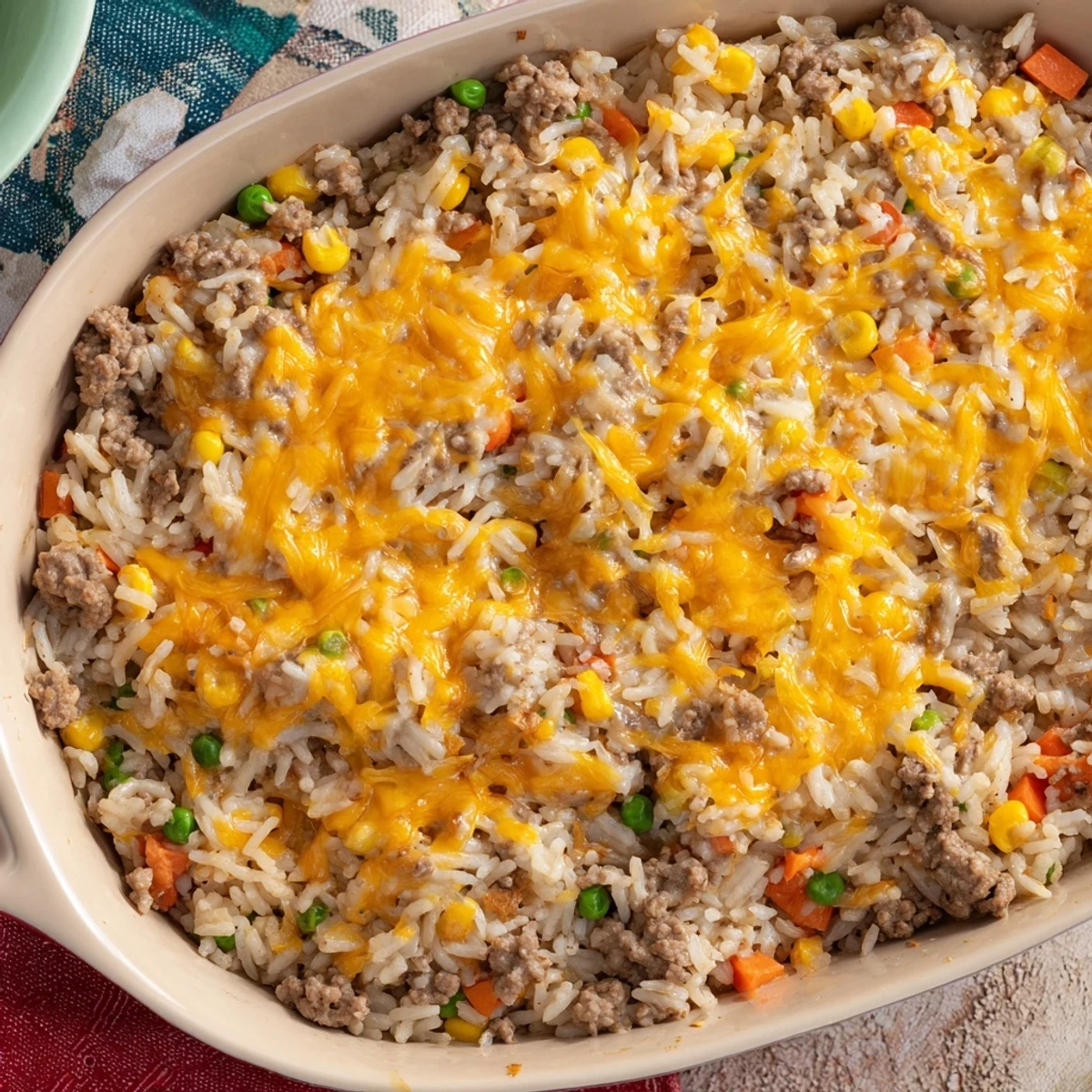 Comforting cheesy ground beef and rice casserole served in a square white dish