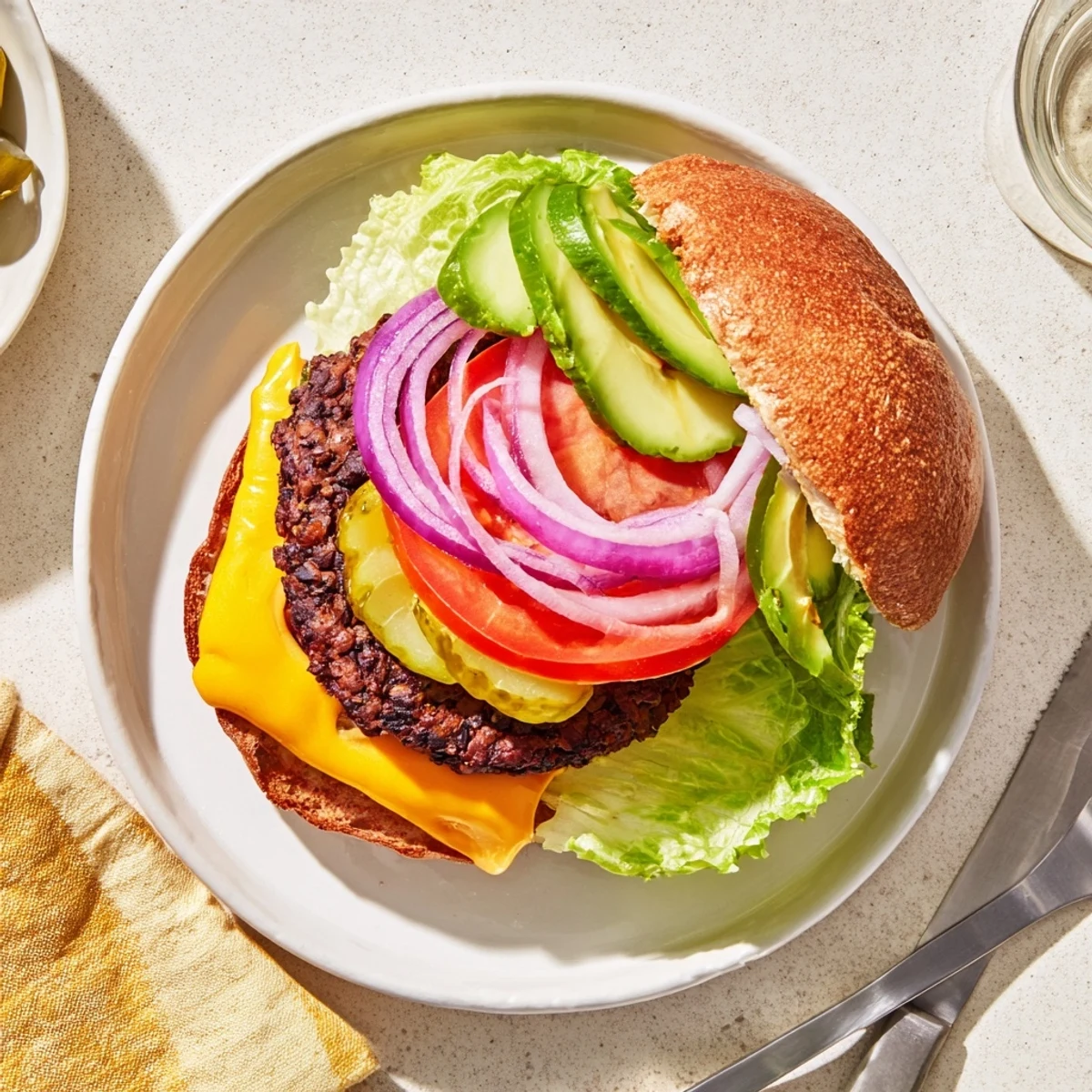 Hearty epic black bean burger stacked with fresh avocado, tomato, and melted cheddar on toasted bun