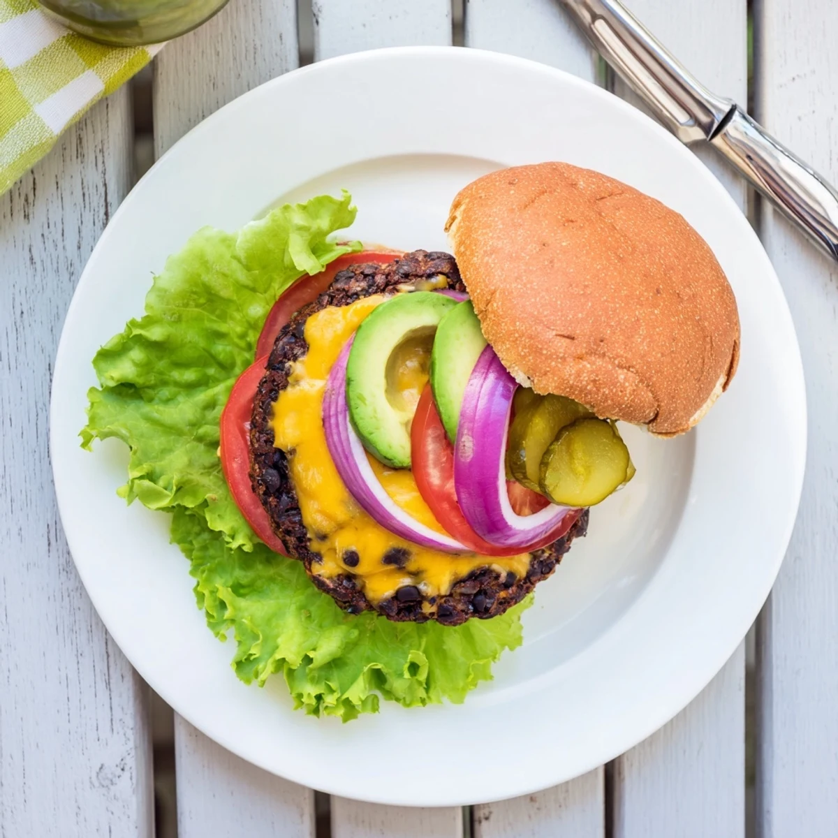 Golden seared epic black bean burger patty topped with crisp lettuce and sliced red onion