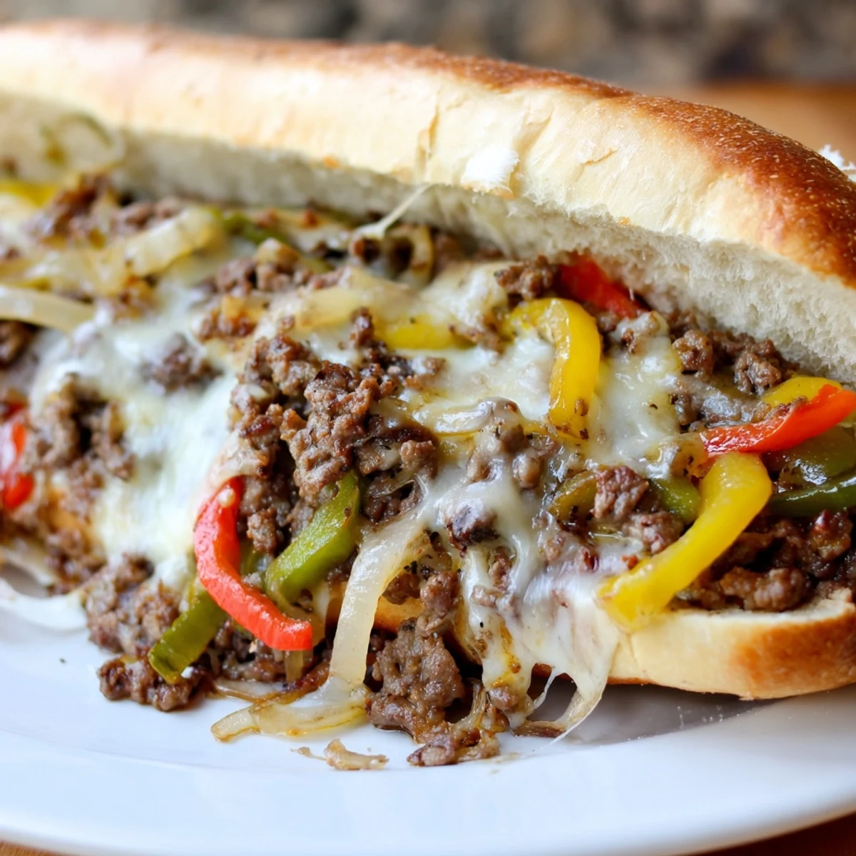 Toasted hoagie roll piled high with savory ground beef Philly cheesesteak mixture, sautéed peppers, onions, and gooey cheese