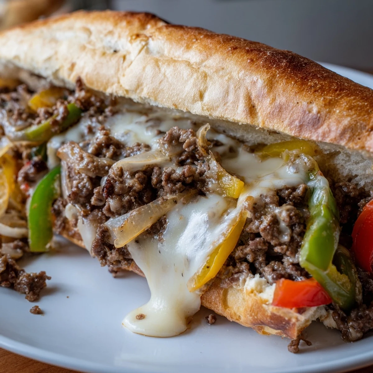 Golden brown ground beef Philly cheesesteak sandwich with melted provolone cheese overflowing from toasted hoagie roll