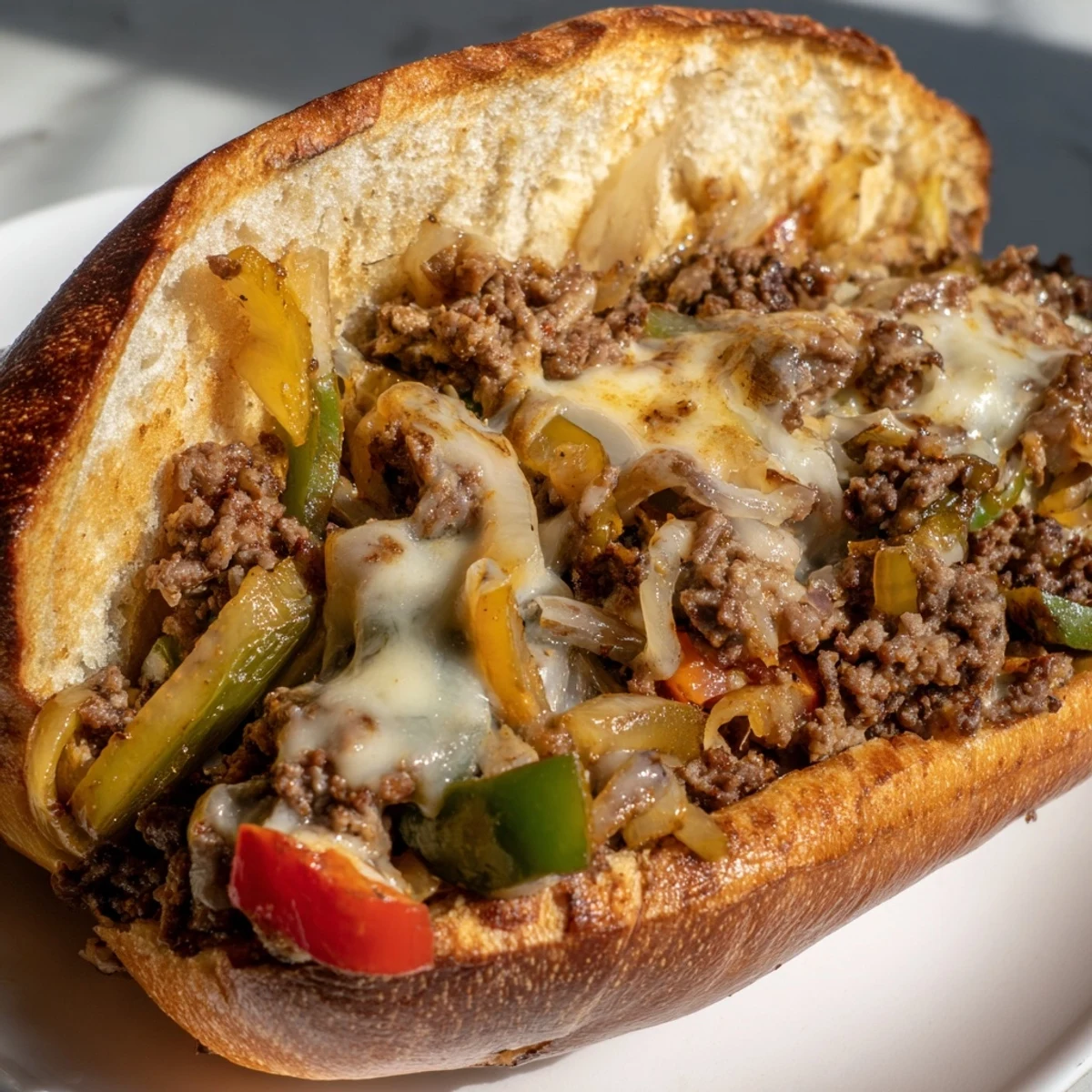 Homemade ground beef Philly cheesesteak loaded with caramelized vegetables and melted provolone on buttery toasted sandwich bun